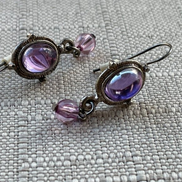 Vintage Earring Silver Tone Purple Faux Stone Drop Down Earring Jewelry - Picture 2 of 9